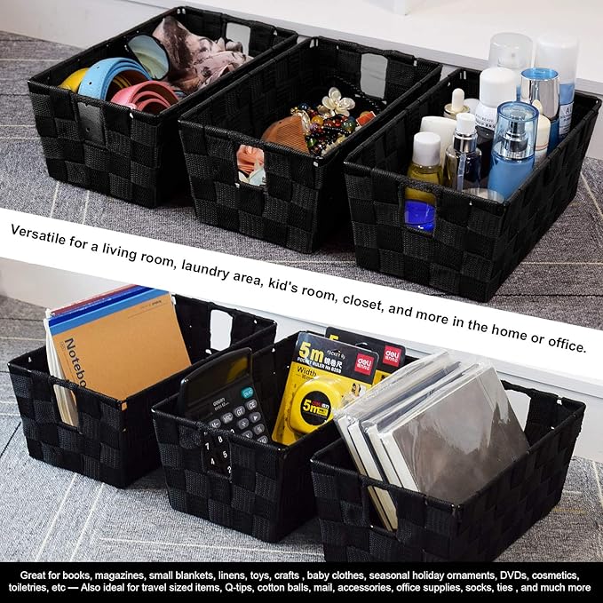 Woven Black Storage Baskets Shelf Tote Boxes Container, Durable Storage Organizer Bins with Built-in Handles for Bedroom, Office, Closet, Kids Room, Nursery, 3-Pack,11.4”x 6.5”x 4.5”