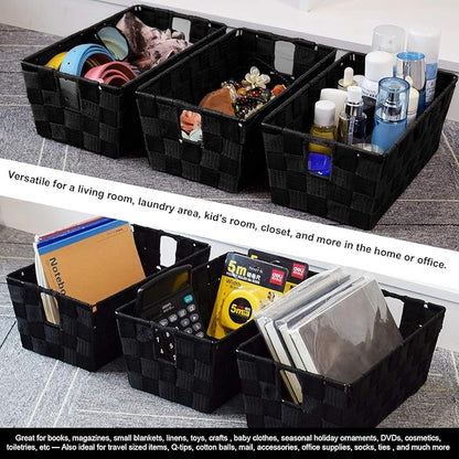 Woven Black Storage Baskets Shelf Tote Boxes Container, Durable Storage Organizer Bins with Built-in Handles for Bedroom, Office, Closet, Kids Room, Nursery, 3-Pack,11.4”x 6.5”x 4.5”