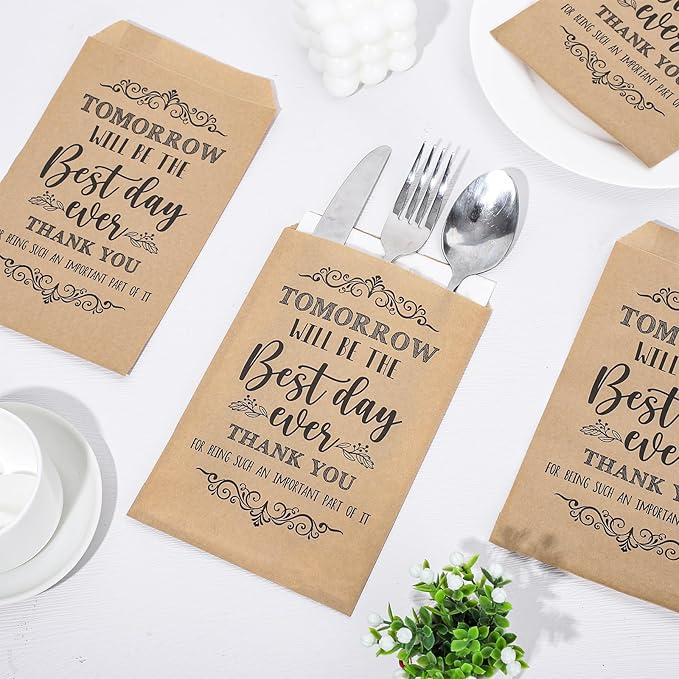 Whaline 100 Pcs Wedding Silverware Bags 5 x 7 Inch Rustic Wedding The Best Day Ever Kraft Wax Cutlery Bags Utensil Holders Reusable for Engagement Rehearsal Dinner Barbeque Banquet Supply