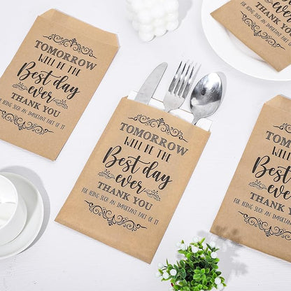 Whaline 100 Pcs Wedding Silverware Bags 5 x 7 Inch Rustic Wedding The Best Day Ever Kraft Wax Cutlery Bags Utensil Holders Reusable for Engagement Rehearsal Dinner Barbeque Banquet Supply