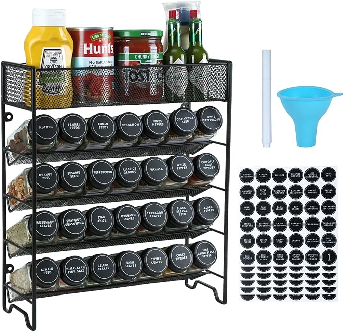Skiileor Spice Rack Organizer with 28 Spice Jars, Black Lids，Spice Labels, Chalk pen and Funnel Set for Cabinet, Countertop, Pantry, Cupboard or Wall Mount