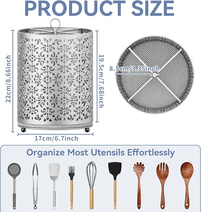 YIUKEA Extra Large Utensil Holder - 360° Rotating Cooking Utensils Caddy Countertop Organizer with Instant-Dry and Removable Base for Kitchen Tools
