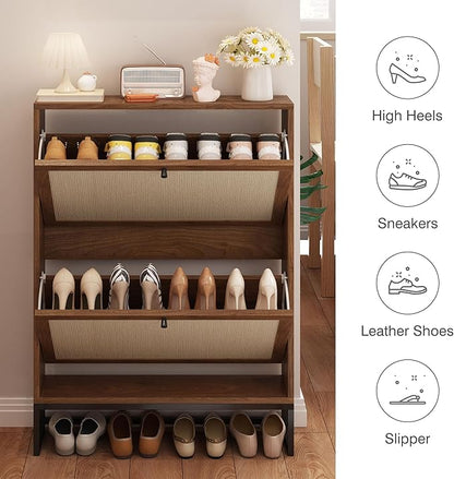 AVZEAR Freestanding Shoe Organizer with 2 Flip Drawer Doors, Entryway & Closet Shoe Storage, Linen Doors, Walnut