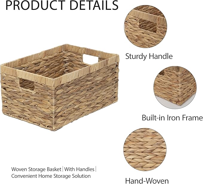 Woven Natural Water hyacinth Rectangular Storage Baskets with inside Handle,Kingwillow(Large)