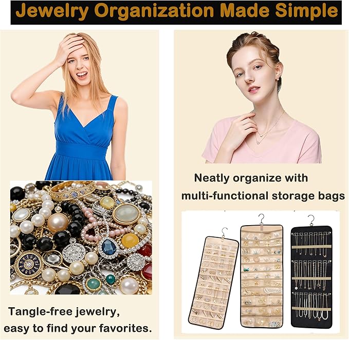 2 Pack Travel Jewelry Organizers and Storage Set: One with 48 Pockets for Earring & Ring, One with 43 Large Pockets for Bracelets & Watches, Hanging Storage Roll with Hanger for Closet Wall
