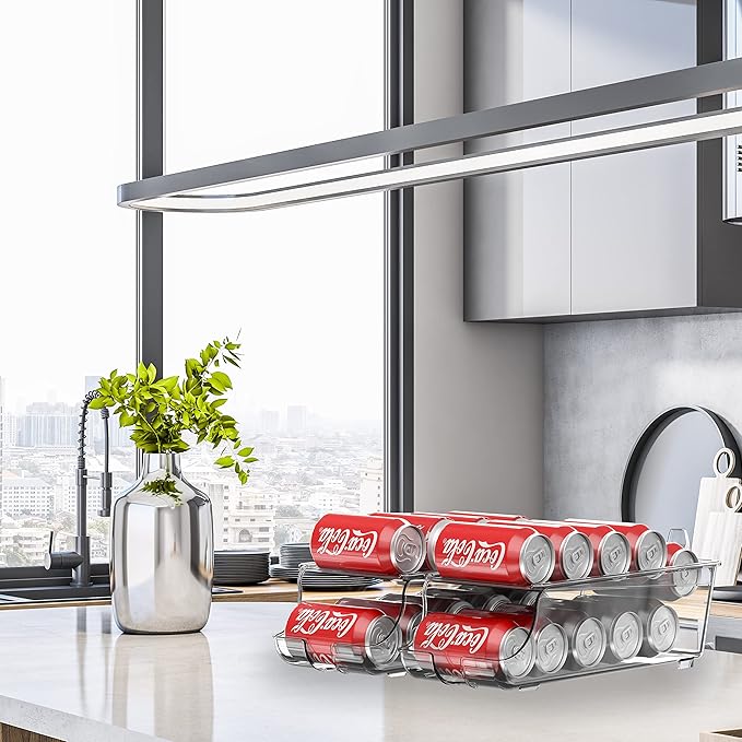 Simple Houseware 2-Pack Auto-Rolling Beverage Can Organizer for Fridge, Clear Front-Loading Soda Dispenser with Smooth Glide Design, Space-Saving Refrigerator Storage Bins