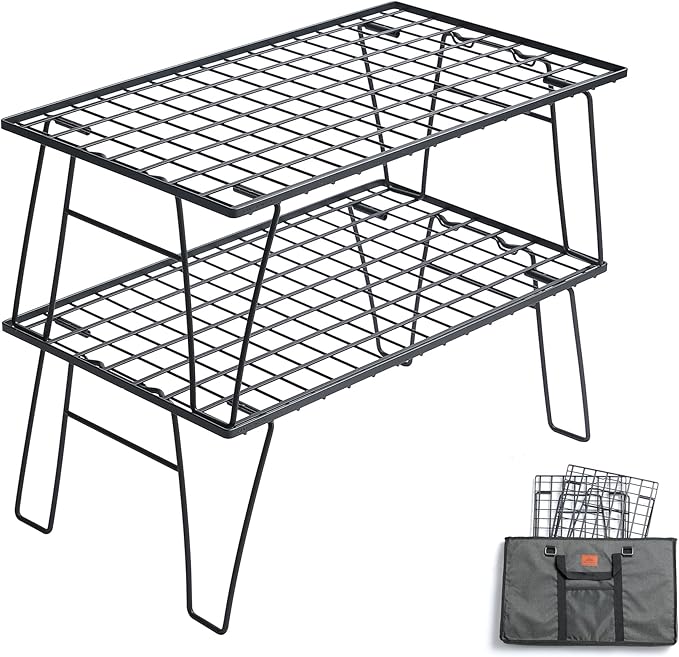 CAMPINGMOON Camping Mesh Rack 2 Pack Folding Camp Storage Shelf Lightweight Portable Black Steel Outdoor Kitchen Gear Organizer Carry Bag Included T-235-2T