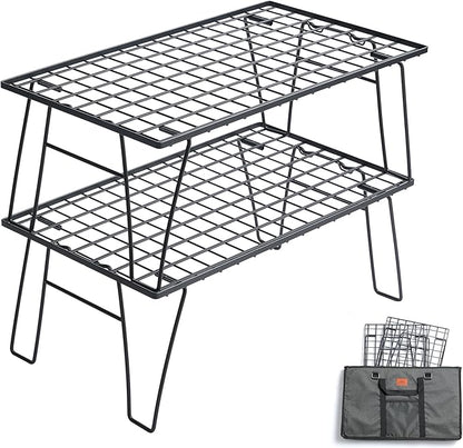 CAMPINGMOON Camping Mesh Rack 2 Pack Folding Camp Storage Shelf Lightweight Portable Black Steel Outdoor Kitchen Gear Organizer Carry Bag Included T-235-2T