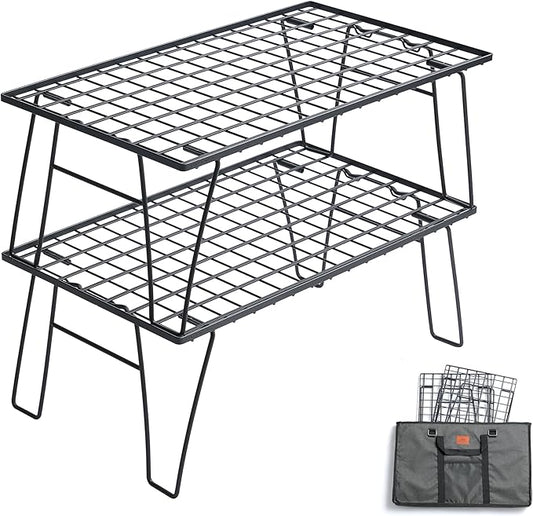 CAMPINGMOON Camping Mesh Rack 2 Pack Folding Camp Storage Shelf Lightweight Portable Black Steel Outdoor Kitchen Gear Organizer Carry Bag Included T-235-2T