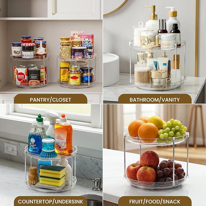 2 SET 2 Tier Non-Skid Acrylic Lazy Susan Organizer - Rotating Spice Rack - Turntable Spinning Organization for Kitchen, Pantry, Countertop, Closet, Bathroom, Vanity, Medicine Cabinet Organizing,9.25''