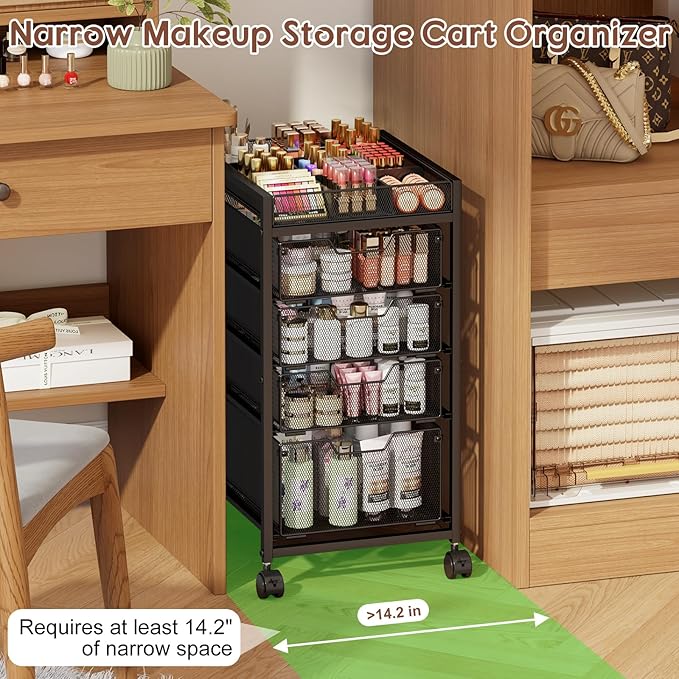 5-Tier Rolling Makeup Cart Organizer with 4 Drawers, Cosmetics Display with Dividers, Floor Skincare Storage with Wheels, Versatile Vanity Organizer for Nail Polish Perfume Brush Hair Tool, Black
