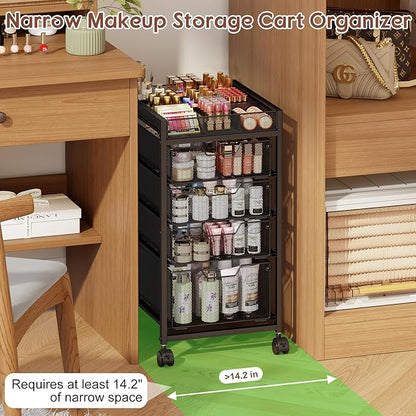 5-Tier Rolling Makeup Cart Organizer with 4 Drawers, Cosmetics Display with Dividers, Floor Skincare Storage with Wheels, Versatile Vanity Organizer for Nail Polish Perfume Brush Hair Tool, Black