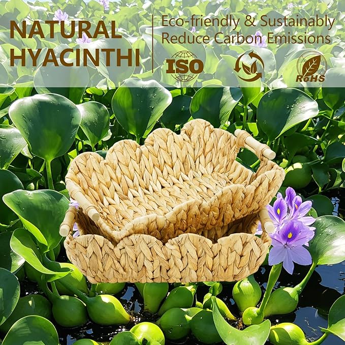 2Pack Scalloped Edge Wicker Basket,Hand-Woven Rattan Baskets with Wooden Handles,Natural Water Hyacinth Basket for Laundry,Shelves,Gift Basket
