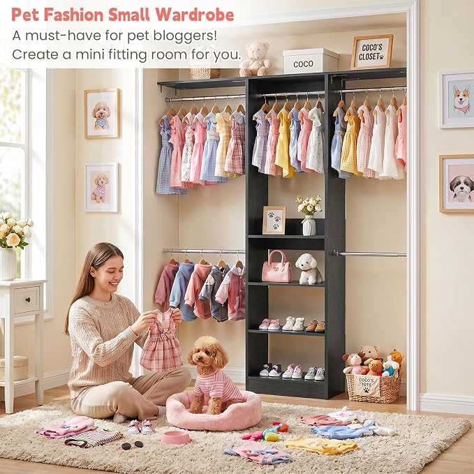iSunirm 48" Small Closet System, Space-Saving Wall-Mounted Wardrobe Organizer, Mini Garment Rack for Narrow Spaces, Morning Outfit Prep Station & Nursery Dress-up Storage, Black