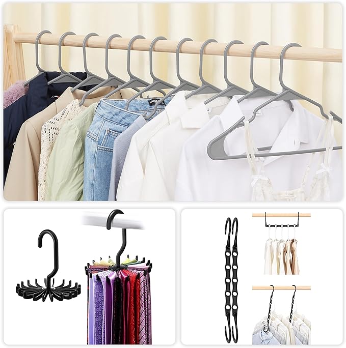 VECELO 50 Pack Plastic Hangers-Clothes Hangers Set with Shoulder Non Slip Notches for Closet Space Saving-Heavy Duty Coat Hanger,Gray