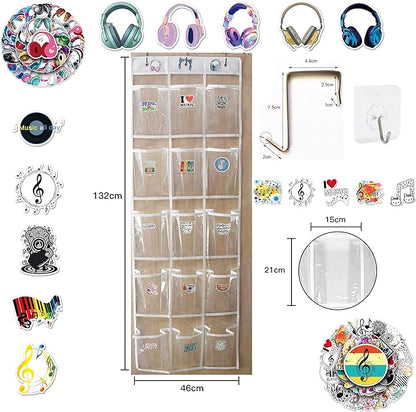 2 Pack Headphone Storage Classroom, Over The Door Hanging Headphone Holder for Classroom with 30 PVC Clear Pocket Chart, Cell Phones Calculators Organizer