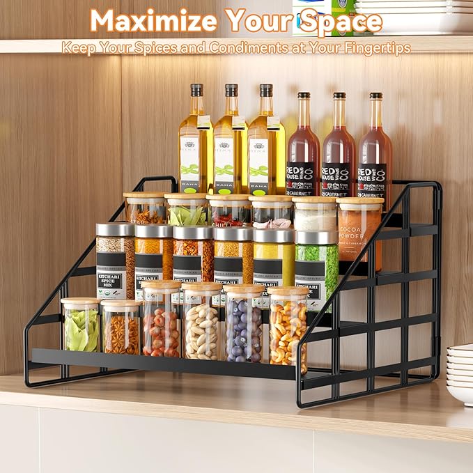 Bunoxea Spice Rack 4 Tier Kitchen Cabinet Organizer,Countertop Spice Rack,Tier Depth Adjustable Cabinet Shelf,Step Spice Organization Easy Visibility,Holds Seasoning and Condiments 2Pack