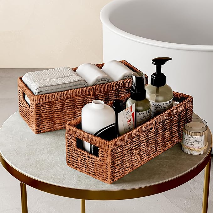Vagusicc Wicker Storage Basket, Paper Rope Wicker Baskets with Handles, Toilet Paper Basket for Toilet Tank Top, Small Wicke Baskets for Organizing Shelves, 2-Pack, Orange