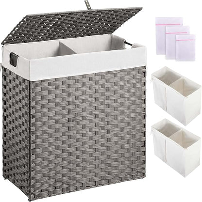Greenstell Laundry Hamper with lid, No Install Needed, 110L Wicker Laundry Baskets Foldable 2 Removable Liner Bags, 2 Section Clothes Hamper Handwoven Rattan Laundry Basket with Handles, Gray