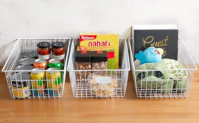 iPEGTOP Wire Freezer Stroage Baskets, 13.4 inch Set of 3 Farmhouse Storage Bins Basket Freezer Storage Organizer Bins with Handles for Kitchen Cabinets, Pantry, Closets, Bedrooms, Bathrooms- White