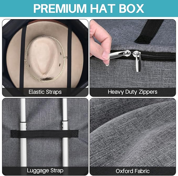 SLEEPING LAMB Hat Box for Travel and Storage, Collapsible Cowboy Cap Organizer Case for Closet with Handles, Hat Box for Women Storage and Large Cap Bag for Men Carry, Grey