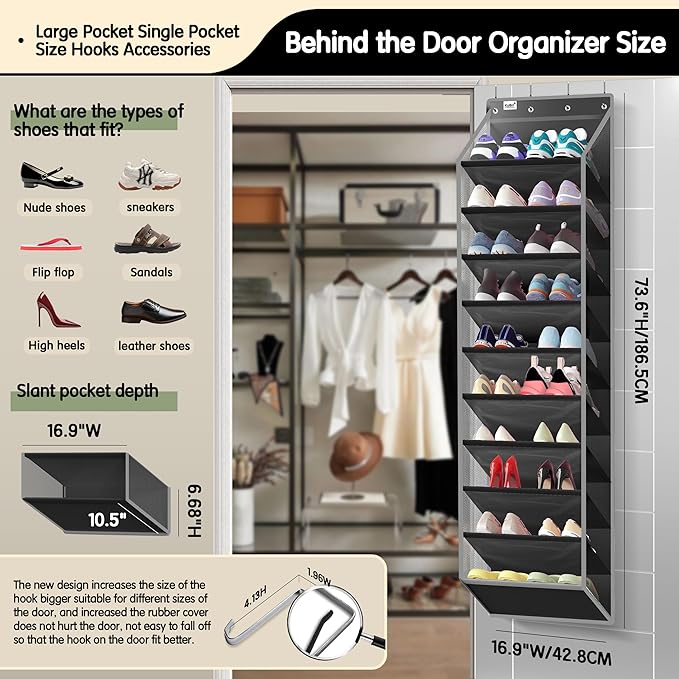 Kotkn 10 Tier Over The Door Organizer - Heavy Duty Hanging Storage Rack with Sturdy Oxford Fabric, Holds 20+ Pairs of Footwear, Boots & Sneakers, Saves 50% Closet Space (Black)