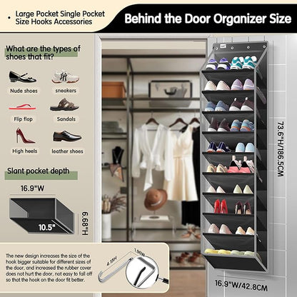 Kotkn 10 Tier Over The Door Organizer - Heavy Duty Hanging Storage Rack with Sturdy Oxford Fabric, Holds 20+ Pairs of Footwear, Boots & Sneakers, Saves 50% Closet Space (Black)