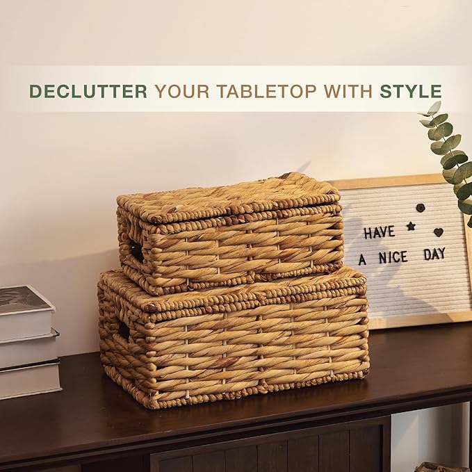 84ECO Set of 2 Wicker Baskets with Lid - Decorative Storage Boxes for Home Decor, Shelves - Woven Basket with Lid - Wicker Decor - Rattan Box - Decorative Bins with Lids (Natural)