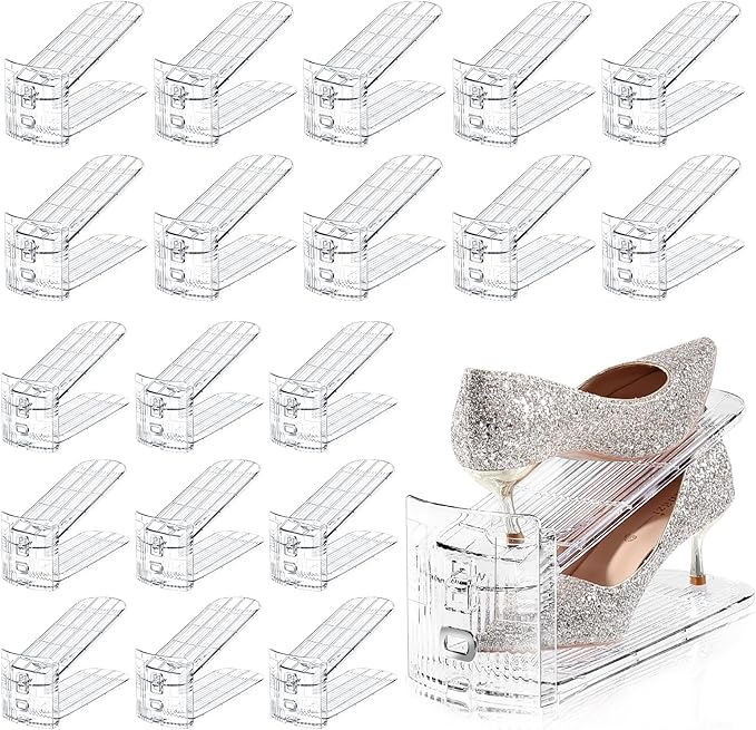 TOPNEW Shoe Slots Organizer for Closet 20 Pack Adjustable Level Shoe Stacker Holder Organization Double Layer Storage Space Saving Shoe Rack Organizer for Closet (Transparent)