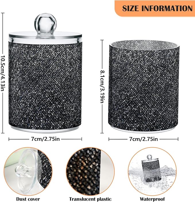 ALAZA 2 Pack Qtip Holder Dispenser Sequin-Black Glitter Bathroom Organizer Canisters for Cotton Balls/Swabs/Pads/Floss,Plastic Apothecary Jars for Vanity