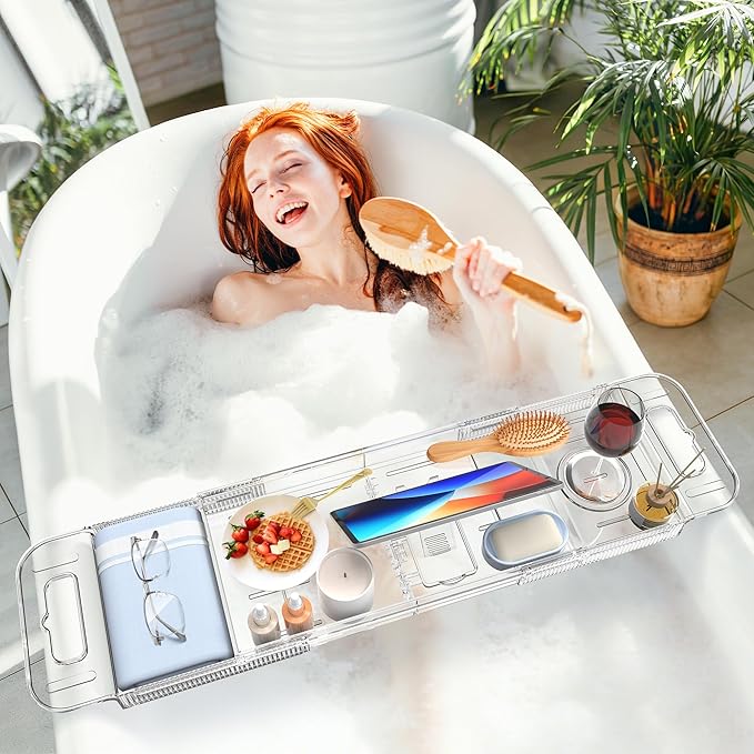 Expandable Bathtub Tray Caddy, AZ. MIFENO Clear Acrylic Bath Tray for Tub for Bath Relaxing, Foldable Bath Table Trays Luxury Spa Bathtub & Bathroom Accessories for Women Gift (Clear)