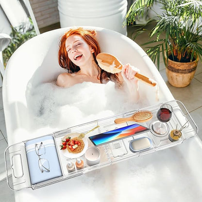 Expandable Bathtub Tray Caddy, AZ. MIFENO Clear Acrylic Bath Tray for Tub for Bath Relaxing, Foldable Bath Table Trays Luxury Spa Bathtub & Bathroom Accessories for Women Gift (Clear)