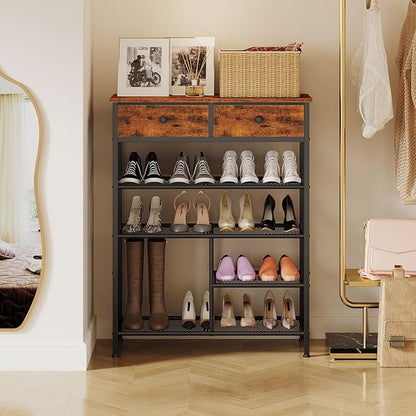 Snughome Shoe Rack, 5 Tier Shoe Storage Organizer with 2 Drawers, Shoe Storage Shelves with Sturdy Wooden Top and Metal Shelves, Free Standing Shoe Rack for Entryway Closet