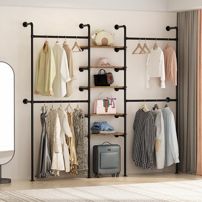 Industrial Pipe Clothing Racks with 5 Shelves, Wall Mounted Clothes Rack for Hanging Clothes, Black Wall Clothing Rack, Heavy Duty Clothes Rack for Walk in Closet, Laundry Room
