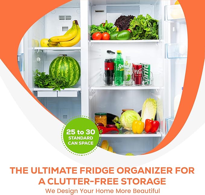 Upgraded Premium Drink Organizer for Fridge. Ultra Space Saving Drink Dispenser for Refrigerator with Larger Stopper Height and Automatic Pusher with Locking Feature. Holds 25 Cans (5 Rows, White)