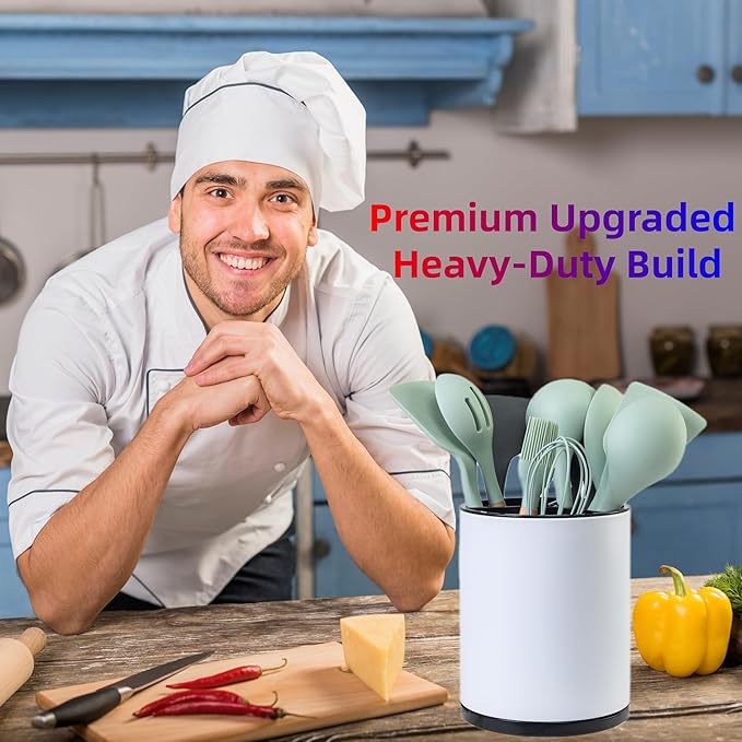 LIBODOUR Kitchen Utensil Holder Extra Large 360°Rotating For Counter Organizer Stainless Steel Storage Cooking Silverware Caddy 3 Compartment Flatware Spoon Spatula Tool Cutlery Container（White）