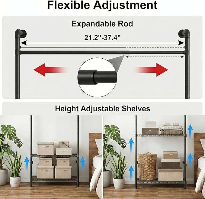 Wall Mounted Closet System – Adjustable Clothing Rack with 4 Expandable Rods & 6 Shelves, Heavy Duty Industrial Pipe Clothes Rack for Closet Organizer and Storage, Black