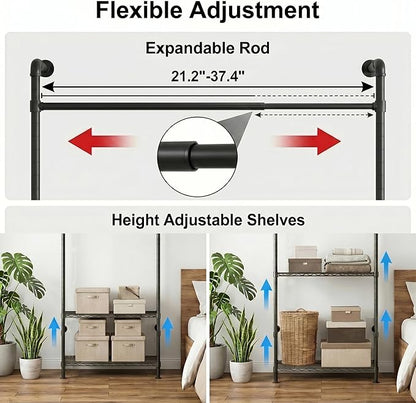 Wall Mounted Closet System – Adjustable Clothing Rack with 4 Expandable Rods & 6 Shelves, Heavy Duty Industrial Pipe Clothes Rack for Closet Organizer and Storage, Black