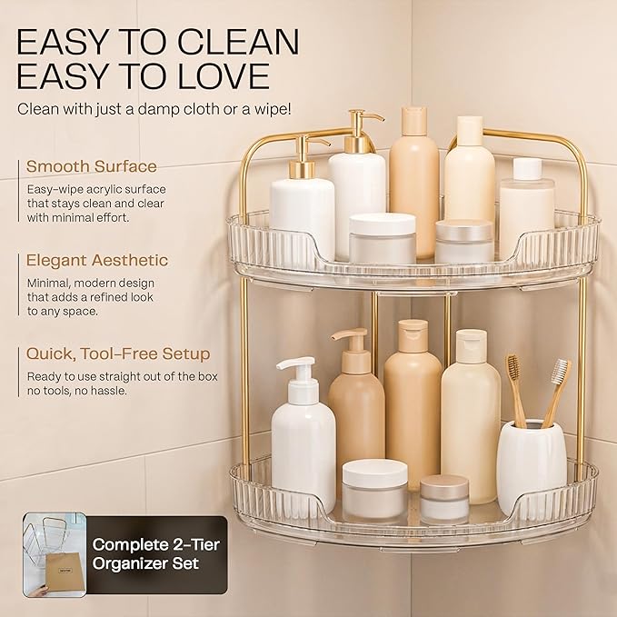 2-Tier Acrylic Corner Bathroom Organizer with Handle Round Skincare & Makeup Storage Tray, Waterproof, Lightweight, Heat Resistant Vanity Shelf for Countertop, Kitchen, Bedroom, Dresser