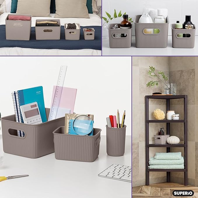 Decorative Plastic Basket Open Home Storage Bins Organizer Baskets, Small Taupe (2 Pack) Container Boxes for Organizing Closet Storage Bins for Shelves Drawer Shelf - Ribbed Collection 1.5 Liter