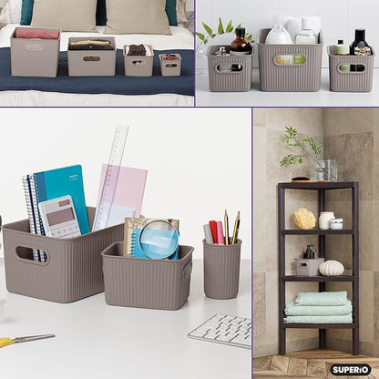 Decorative Plastic Basket Open Home Storage Bins Organizer Baskets, Small Taupe (2 Pack) Container Boxes for Organizing Closet Storage Bins for Shelves Drawer Shelf - Ribbed Collection 1.5 Liter