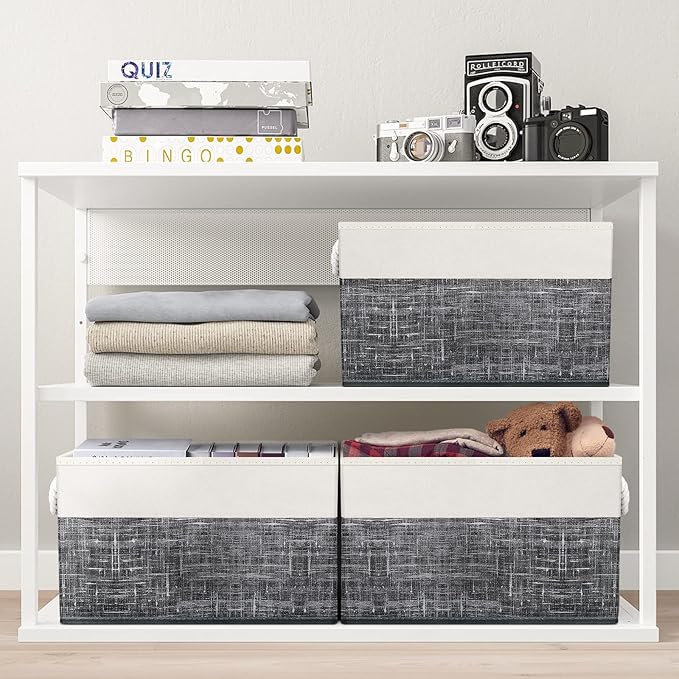 Fab totes Storage Bins 4-Pack, Foldable Storage Baskets for Organizing Toys, Books, Shelves, Closet, Large Storage Box with Rope Handles, Sturdy Organizer Bins, White & Black