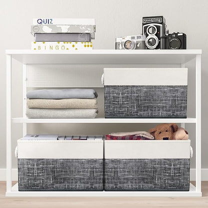 Fab totes Storage Bins 4-Pack, Foldable Storage Baskets for Organizing Toys, Books, Shelves, Closet, Large Storage Box with Rope Handles, Sturdy Organizer Bins, White & Black