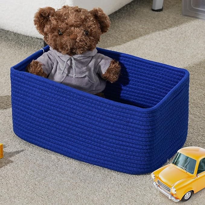 3-Pack Small Storage Baskets for Organizing | Woven Shelf Toy Basket | Rope Baskets for Gifts Empty | Closet Organizer Bins with Handles | Cube Decorative Box | 11.8×7.8×5.1” | Klein Blue