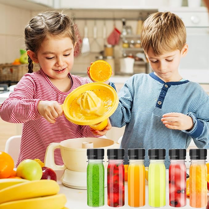 30 Pcs 2oz Plastic Bottles with Black Lids,Round Ginger Shots containers with 10 Funnels,Small Leak-Proof Juice Bottles for Milk,Drinking,Potion,Ginger Shots,Whiskey