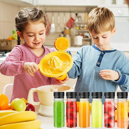 30 Pcs 2oz Plastic Bottles with Black Lids,Round Ginger Shots containers with 10 Funnels,Small Leak-Proof Juice Bottles for Milk,Drinking,Potion,Ginger Shots,Whiskey