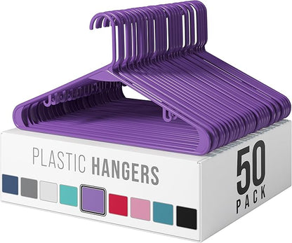 Plastic Hangers 50 Pack Purple - Clothes Hangers - Makes The Perfect Coat Hanger and General Space Saving Hangers for Closet and New Apartment Essentials - Percheros Ganchos para Colgar Ropa Hangars