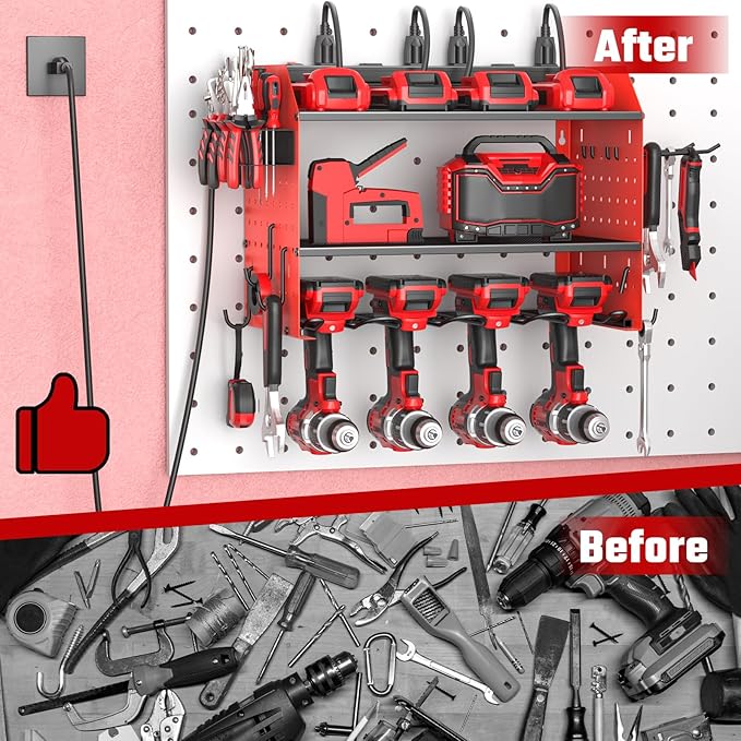 ZESEN Power Tool Organizer with Charging Station, Heavy Duty 3 Layer Drill Holder Wall Mount Garage Shelf Rack with 6 Outlet Power Strip, Tool Shelf with Hooks, Drill Bit Rack for Garage, Red