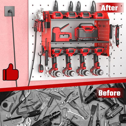 ZESEN Power Tool Organizer with Charging Station, Heavy Duty 3 Layer Drill Holder Wall Mount Garage Shelf Rack with 6 Outlet Power Strip, Tool Shelf with Hooks, Drill Bit Rack for Garage, Red