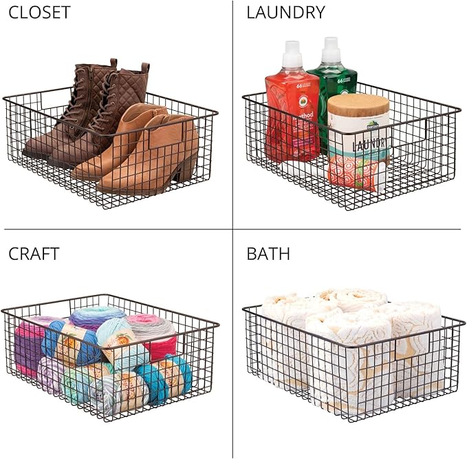 mDesign Metal Wire Food Storage Basket Organizer with Handles for Organizing Kitchen Cabinets, Pantry Shelf, Bathroom, Laundry Room, Closets, Garage - Concerto Collection - 2 Pack - Bronze
